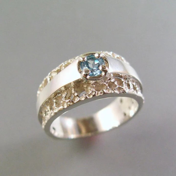 Anillo Hueco Plata con Cristal Azul Vintage