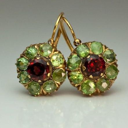 Aretes Redondos Cristal Verde y Rojo Vintage