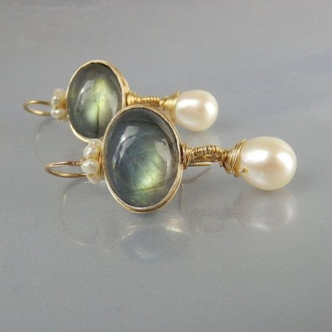 Aretes Cristal Verde con Perlas Vintage