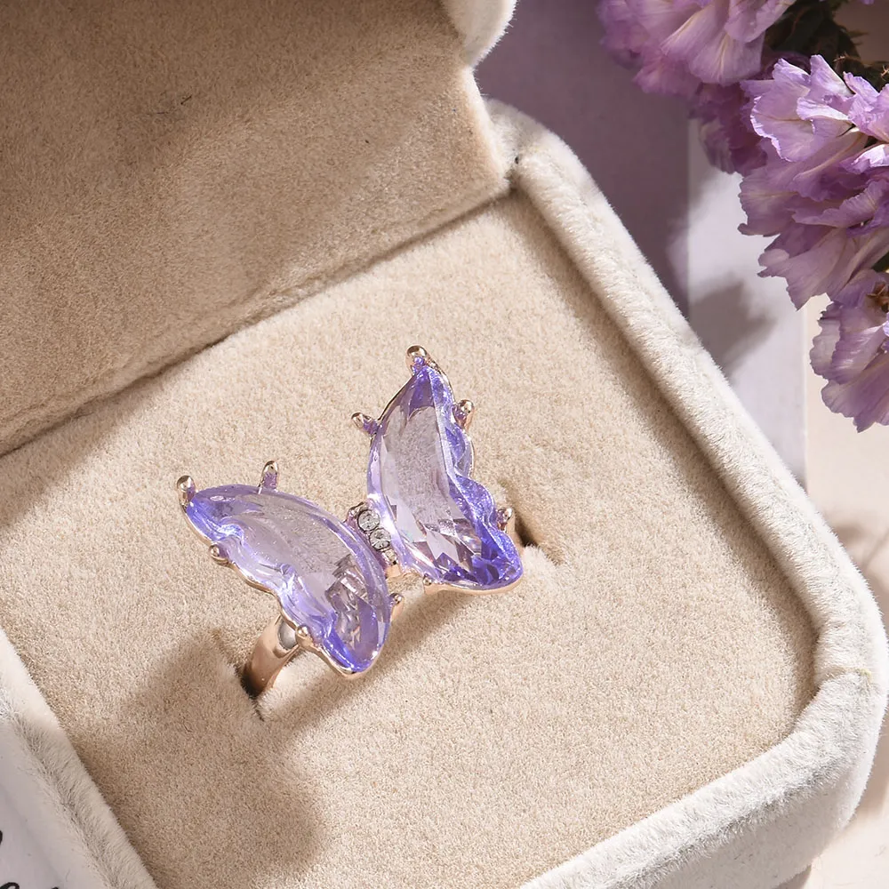 Anillo Elegante de Mariposa de Cristal Morado