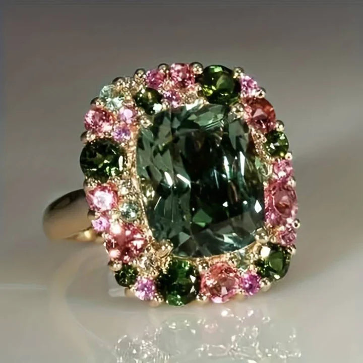 Anillo Vintage Verde y Rosa en Oro