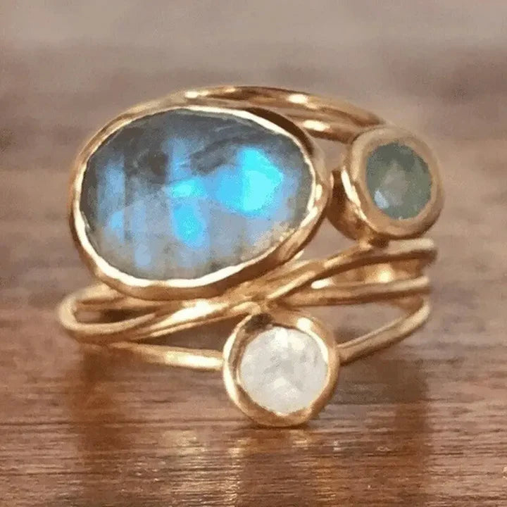 Anillo Cristal Lunar Azul Vintage