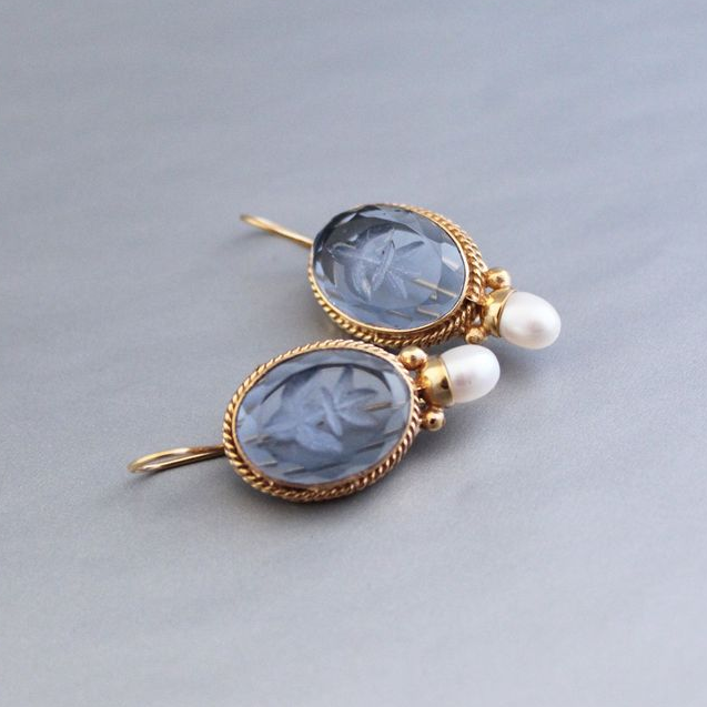 Aretes Vintage de Perlas de Cristal Azul