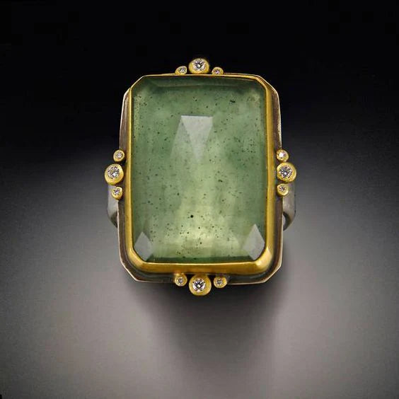 Anillo Cristal Verde Dorado Vintage