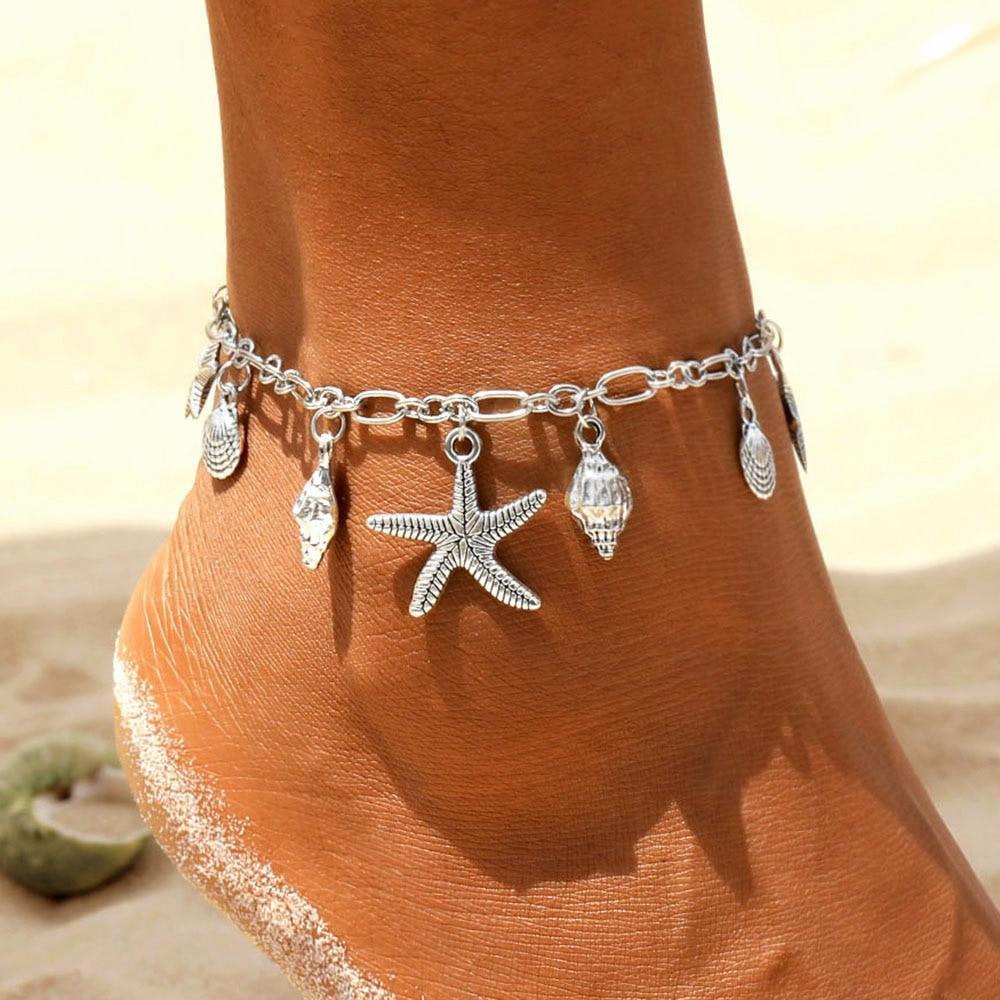 Pulsera Tobillera Caracolas y Estrella Marina en Plata